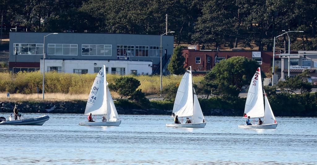 Photo by John Fisken                                New Wildcat Sailing coach Shawn OConnor, left, instructs his team during a recent practice.