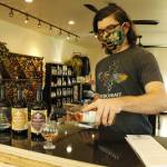 Mead maker Jeremy Kyncl pours a tasting glass of Hawthorn Tulsi Mead, a blend of hawthorn berry and holy basil, in the new Whidbey tasting room of Hierophant Meadery. Photo by Kira Erickson/South Whidbey Record