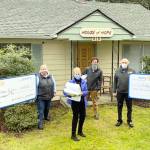 From left, Jim Rogers, president of Rotary Club of Whidbey Westside; Gwen Jones, president-elect of Rotary Club of Whidbey Westside; Marie Plakos, president-elect of Rotary Club of South Whidbey; Jonathan Kline, executive eirector of Whidbey Homeless Coalition; Nick Zefferys, president of Rotary Club of South Whidbey; and Bruce Enter, Rotary assistant governor for Whidbey Island.