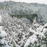 Oak Harbor photographer Pamela Davis Headridge captured this image of Deception Pass and the surrounding park blanketed in snow on Sunday, Feb. 14 from the north side of the bridge. Photo by Pamela Davis Headridge