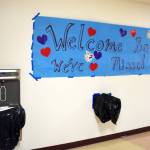 A sign welcoming students back to school is taped above two covered water fountains. Students can fill water bottles, but cant drink from the water fountain itself as a COVID-19 safety precaution. Photo by Emily Gilbert/Whidbey News-Times