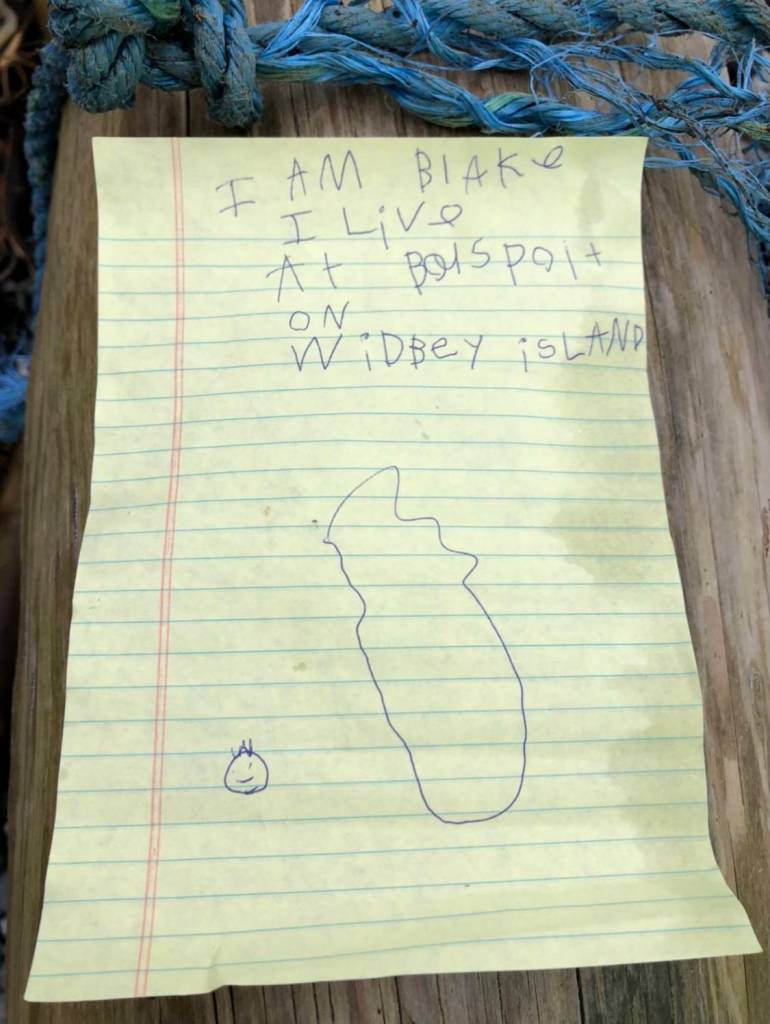 Blake Lewis, 7, sent this message in a bottle out to sea from Bush Point. Photo provided by Ruther Smethers