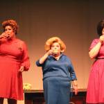 From left, Sarah Gallella, Jill Jackson and Erin Tombaugh take a sip of tea during their bows. (Photo by Karina Andrew/Whidbey News-Times)