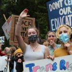 File photo by Karina Andrew/South Whidbey Record
Annie Philp, center, led student counter-protesters during a protest in June.