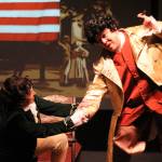 Photo by Karina Andrew/Whidbey News-Times
Tamra Sipes as James Madison, left, and Dianna Gruenwald as Charles Pinckney, rehearse a scene that casts an amusing light on how the Constitution was written.