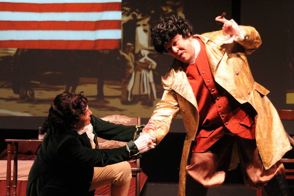 Photo by Karina Andrew/Whidbey News-Times
Tamra Sipes as James Madison, left, and Dianna Gruenwald as Charles Pinckney, rehearse a scene that casts an amusing light on how the Constitution was written.