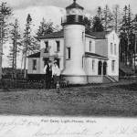 Admiralty Head Lighthouse
Black and White postcard photo of 1906 lighthouse keeper Charles and Delia Davis with dog. Bottom of postcard reads: Ft. Casey Sept 5th 1906, Compliments of G.W.M. Back of postcard reads: Miss Anna Lasser 
            San De Fuca, Wash
 
photo postcard of Admiralty Head Lighthouse keepers Charles and Delia Davis