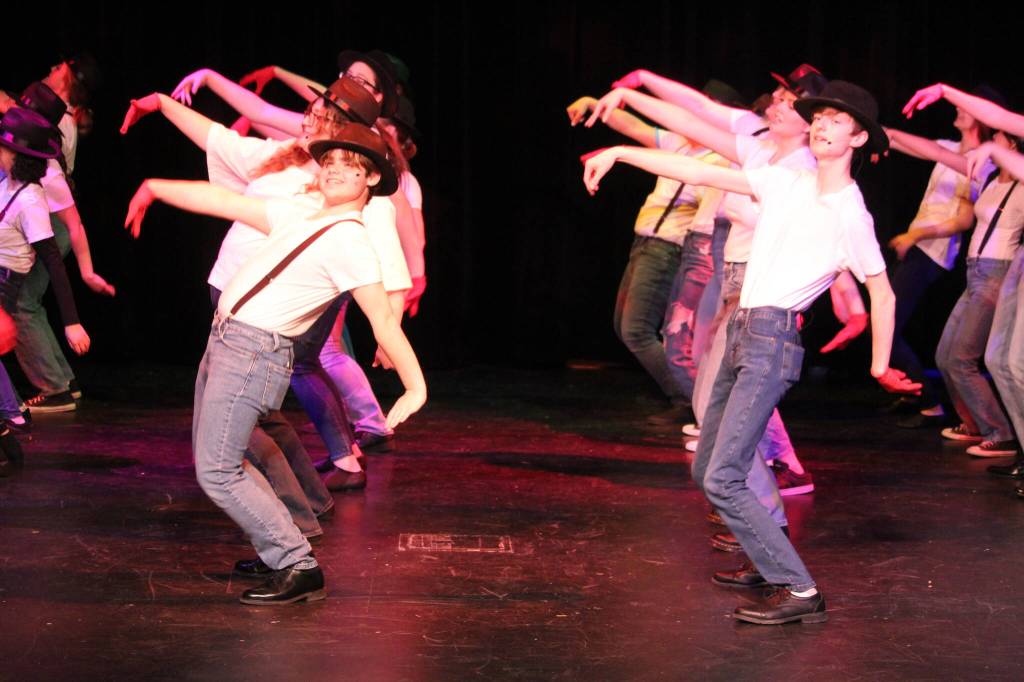 The cast shows off their dance moves in Steam Heat from The Pajama Game. (Photo by Karina Andrew/Whidbey News-Times)