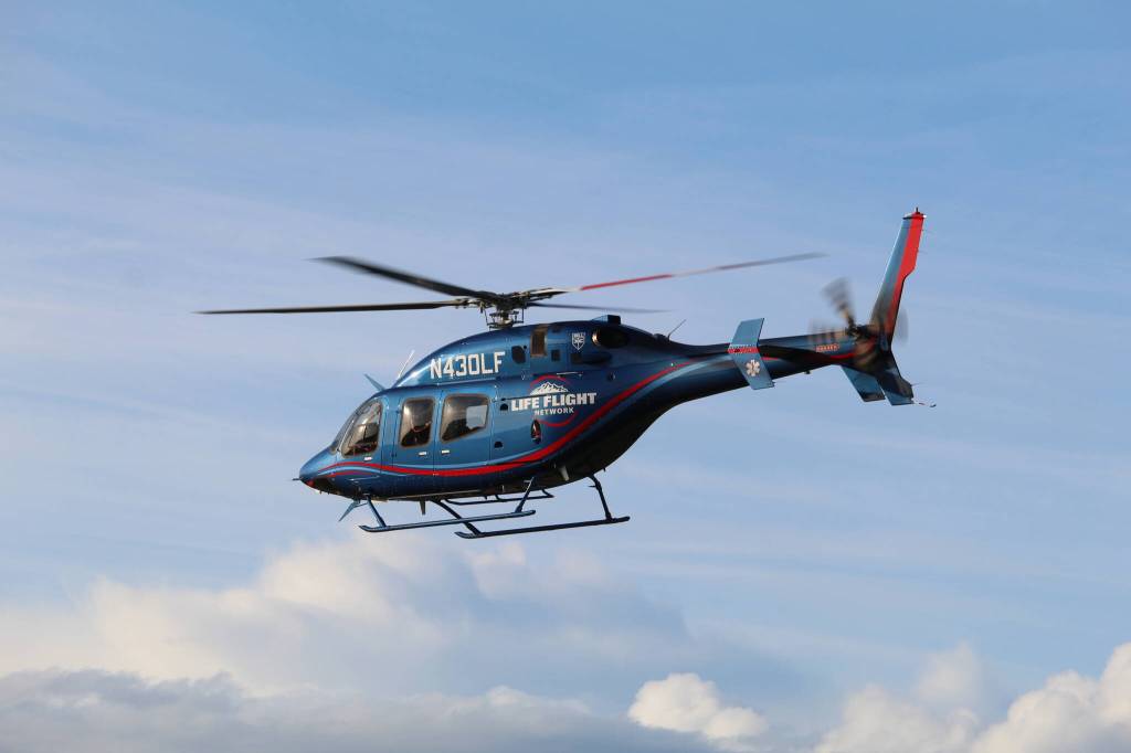 A Life Flight helicopter lands near the A. J. Eisenberg Airport May 9 during a joint training with Whidbey Island emergency rescue agencies. (Photo by Karina Andrew/Whidbey News-Times)