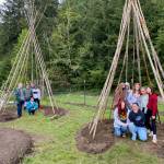 Photo by Cary Peterson
Sixth graders proudly pose under the teepee-like structures they helped build for scarlet runner beans to grow on. The school farm program of the South Whidbey School District has had a busy spring.