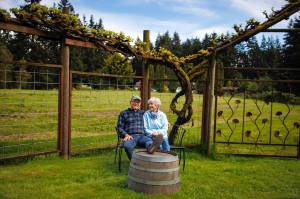 Photo by David Welton
Greg and Elizabeth Osenbach sit before their empty vineyard. The last harvest of the year has happened for Whidbey Island Winery, which will be ceasing production and retail operations this year.