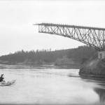 The Deception Pass Bridge stands partially completed in February 1935. (Washington State Archives photo)