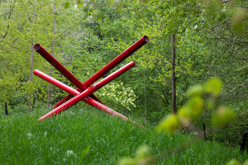Compressed Cube Tensegrity is one of the first sculptures seen from the east parking lot at Earth Sanctuary on Whidbey Island. (Ryan Berry / The Herald)