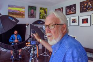 Photo by David Welton
Michael Holtby, right, prepares to take a photo of Jasper Hein in his studio for the Whidbey Beard Project.