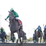 Slew's Tiz Whiz, ridden by Jose Zunino, pulls ahead of the other horses at the Longacres Mile. (Photo provided by Emerald Downs)