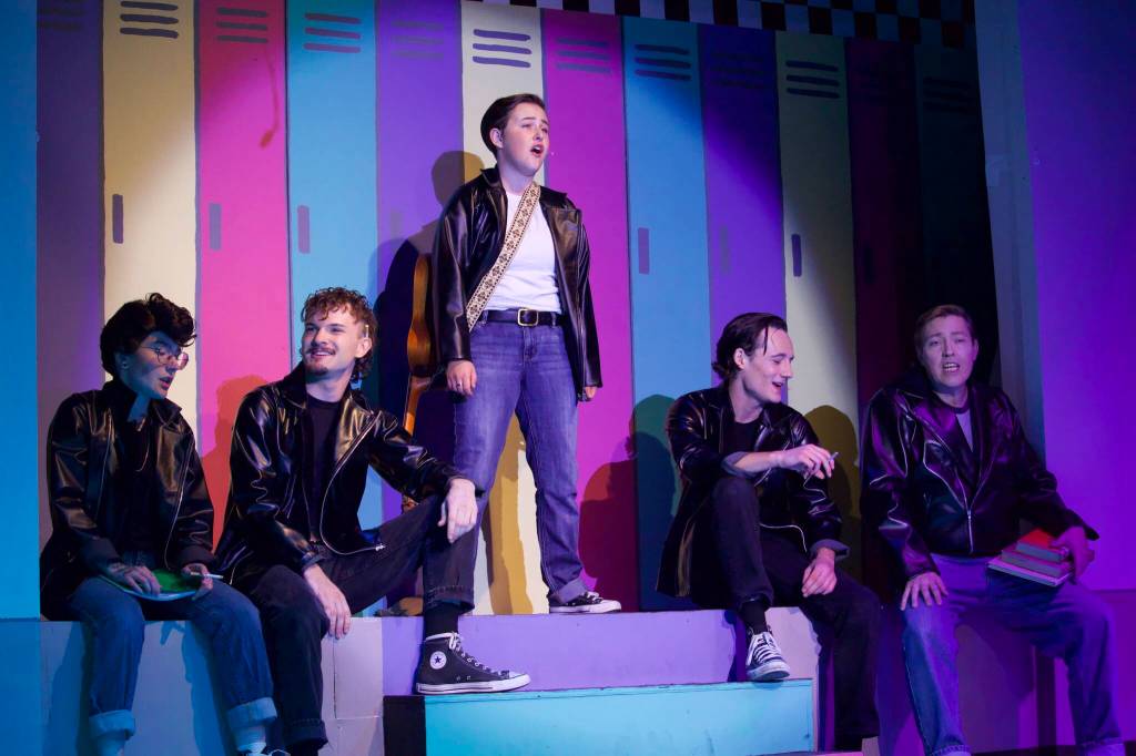 Left to right: Dany Stahl, Cory Gregerson, Eclipse Garrett, Chris King and Andrew Huggins play the T-Birds. (Photo by Rachel Rosen/Whidbey News-Times)