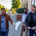 Photo by David Welton
From left, Syd Carver, Jackson Murphy, Derek Hoshiko, Maggie Nattress and Annie Philp were somewhat disappointed following the Island County Board of Commissioners' decision on the climate resolution Tuesday