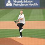 Photo by Kira Erickson/South Whidbey Record
Riley Newman, 2011 South Whidbey High School alum and pickleball star, throws out the first pitch at Saturday nights Mariners baseball game.