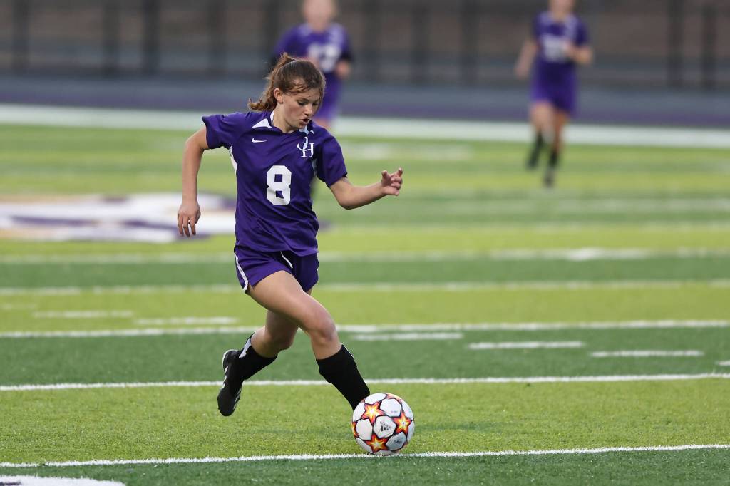 Photo by John Fisken
Payton Campignon during the game at Oak Harbors Wildcat Memorial Stadium on Thursday. The Wildcat girls soccer team beat visiting Mt. Vernon 3-1.