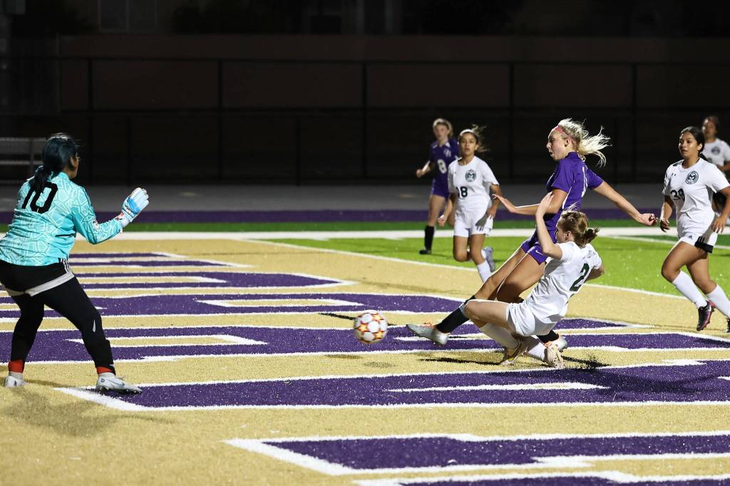 Photo by John Fisken
Addisen Boyer scores her second goal of the night. The Wildcat girls soccer team beat visiting Mt. Vernon 3-1 on Thursday.