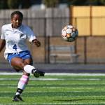 Photo by John Fisken
Senior Leniece Gonzales, a centerback defender for South Whidbey, aims a kick in a game against Oak Harbor on Oct. 1.