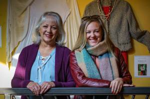 Photos by David Welton
Costume designer Valerie Johnson, left, and Island Shakespeare Festival Artistic Director Olena Hodges stand before a display of costumes worn in the theater companys productions.