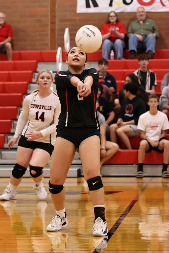 Photo by John Fisken
Coupeville athlete Alita Blouin competes in the Oct. 15 match against Neah Bay. Coupeville defeated Neah Bay 3-1. Coupeville High Schools varsity volleyball team is 8-3 overall this season.