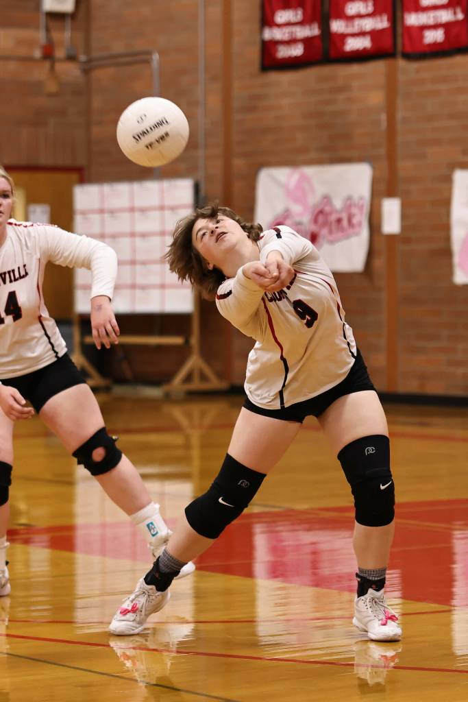 Photo by John Fisken
Coupeville athlete Taygin Jump competes in the Oct. 15 match against Neah Bay. Coupeville defeated Neah Bay 3-1. Coupeville High Schools varsity volleyball team is 8-3 overall this season.
