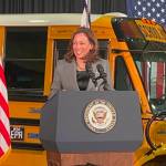 Vice President Kamala Harris announces the first allocation of $1 billion for zero- and low-emission school buses in the country.