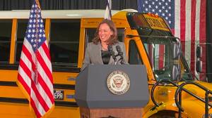 Vice President Kamala Harris announces the first allocation of $1 billion for zero- and low-emission school buses in the country.