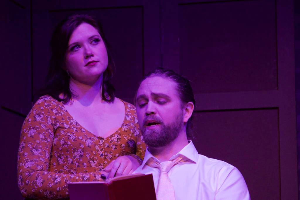 Photo by Rachel Rosen/Whidbey News-Times
David Thuet and Anna Schenck play David Ames and Sarah McKeon in Earth and Sky. David Ames is found dead after the couples whirlwind romance.