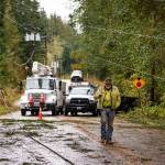 Photo by David Welton
Repair crews work to restore power to Whidbey Island after aggressive winds took out power lines and poles over the weekend.