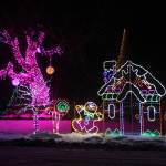 An extravagant light display at the corner of Hastie Lake Road and West Beach Road features a variety of characters, from Christmas classics like Santa Claus, reindeer and gingerbread people to less conventional holiday friends like dinosaurs, sea monsters and orcas. (Photo by Karina Andrew/Whidbey News-Times)
