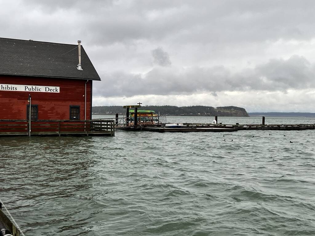 The gangway was higher than the wharf for the first time in more than 40 years because of king tides and flood waters this week. (Photo provided)