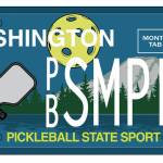 Pickleball Rising license plate, designed by Laramie Studio in Seattle (Seattle Metro Pickleball Association)
