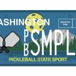 Pickleball Rising license plate, designed by Laramie Studio in Seattle (Seattle Metro Pickleball Association)