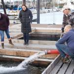 Photos by Rachel Rosen/Whidbey News-Times
From left, Kirsten Simonsen, Hailey Rosenthal, Nick Montagno and Jessie Howard watch as the salmon make their way into the Oak Harbor marina.
