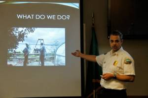 Photo by Kira Erickson/South Whidbey Record
South Whidbey Fire/EMS Fire Chief Nicholas Walsh explains what the fire department does during a meeting with the Freeland Chamber of Commerce.