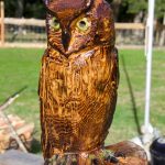 Photo by Rachel Rosen
Ted Boesch carved a sculpture of Scooter, the owl that Jim and Linda Latham saved when they found him injured on their property.