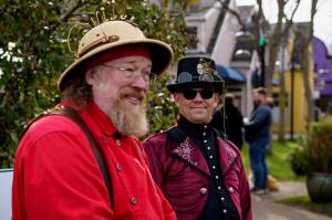 Photo by David Welton
Zeppelin Kaptian Count Nickola Lehmann (played by Matt Hoar) and Zeppelin Tours/Sales Chief Baron Phineas T. Bargun (Timon Simmons) were available to answer questions from sleuths during Langleys 38th annual Mystery Weekend. As usual, participants of the event are tasked with finding out who among the cast of costumed characters is the murderer.