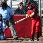 Photos by John Fisken
Coupeville High School sophomore Taylor Brotemarkle, the teams starting shortstop, takes a swing in a softball game against South Whidbey High School March 15, while South Whidbey sophomore Josalynn Jaeger-Funcannon catches.