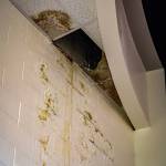 A gaping hole in the ceiling of a room near the auditorium points to excessive water damage. (Photo by David Welton)