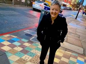 Photo provided
Amy Wheeler, the creator of Play Club, outside Berkeley Repertory Theatre, where members saw Cambodian Rock Band in San Francisco in March.