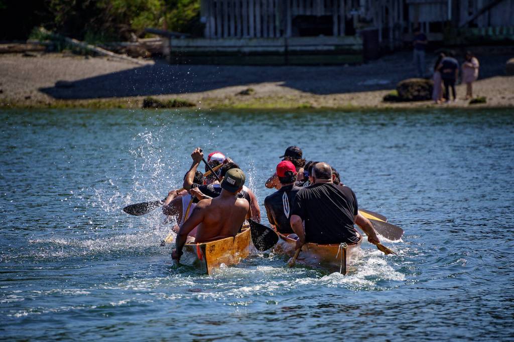 Photo by David Welton
Members of various Coast Salish tribes participate in canoe races at the Penn Cove Water Festival May 13. This years festival was the first since the beginning of the COVID-19 pandemic to hold the traditional canoe races.