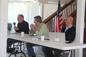 Photo by Karina Andrew/Whidbey News-Times
From left, port commissioners John Mishasek, David Day and John Callahan host a public hearing regarding the port's purchase of the A.J. Eisenberg Airport.