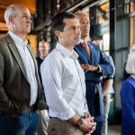 U.S. Transportation Secretary Pete Buttigieg is joined by U.S. Representative Rick Larsen, Washington Govenor Jay Inslee and Senator Patty Murray while they listen to where some of the federal funds have been implemented in the Washington State Ferry system on Thursday, July 6, 2023 in Mukilteo, Washington. (Olivia Vanni / The Herald)