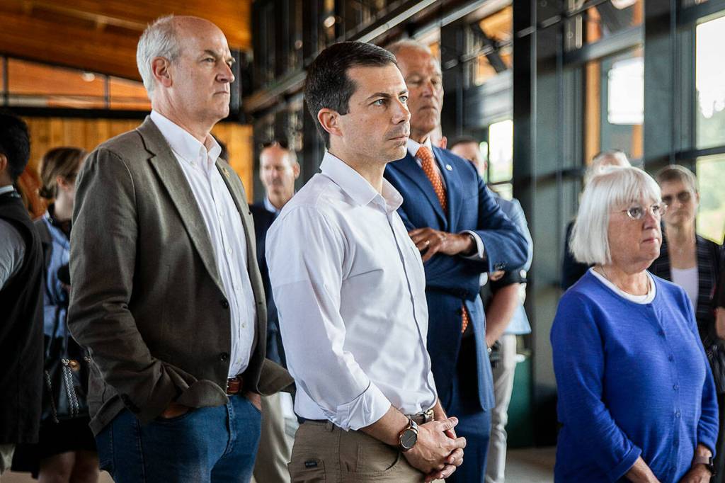 U.S. Transportation Secretary Pete Buttigieg is joined by U.S. Representative Rick Larsen, Washington Govenor Jay Inslee and Senator Patty Murray while they listen to where some of the federal funds have been implemented in the Washington State Ferry system on Thursday, July 6, 2023 in Mukilteo, Washington. (Olivia Vanni / The Herald)