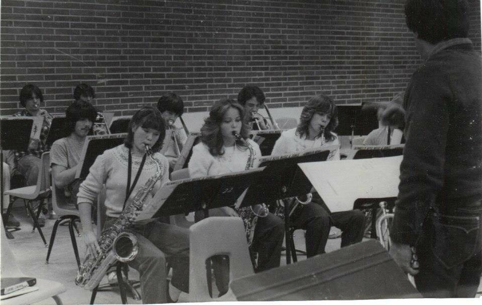 Front row, from left, Janine Clausen Hauser on sax, Jeanine Story on sax, Diane Erickson Richardson on sax. Middle row, from left, Frank and Tony Restivo on trombone. Back row, Mike Baldwin.