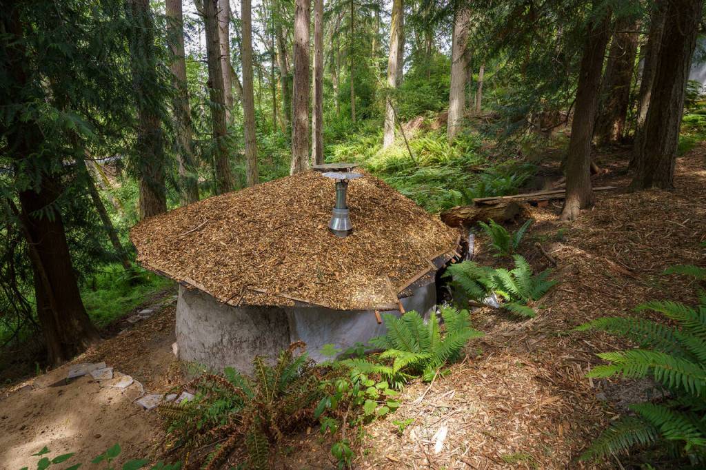 Wood chips line the roof of another natural structure Eli Adadow is building. (Photo by David Welton)