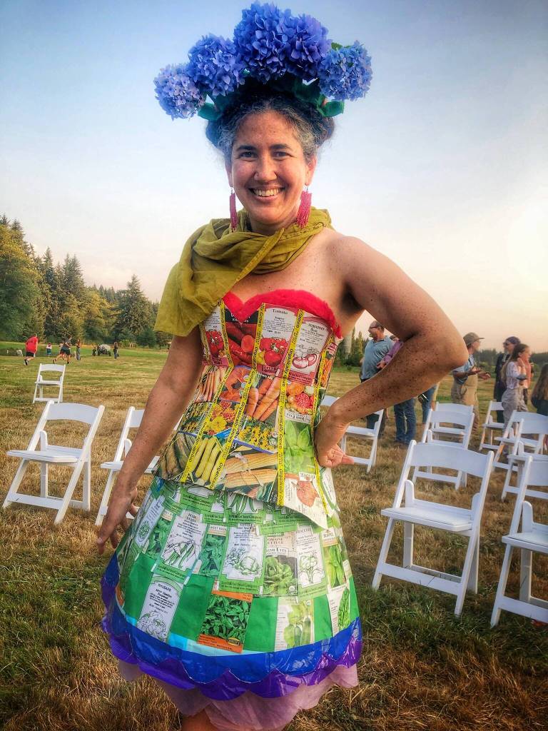 Katrina Bentsen wore a dress made from seed packets at the 2021 Farm Fashion Show.